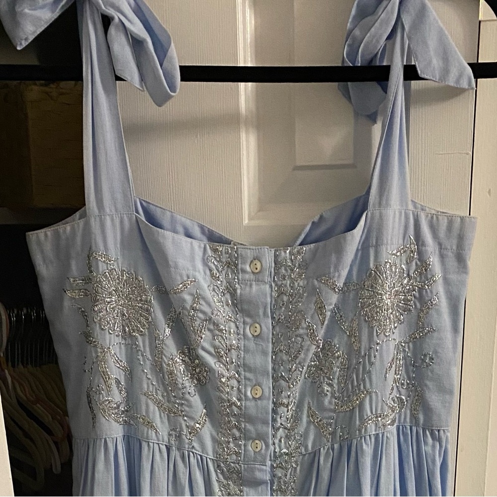 Juliet Dunn Light Blue Midi Dress with Silver Embroidery